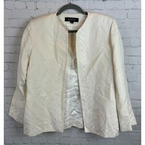 KASPER ivory white linen blend embroidered open front jacket blazer 12 NWOT